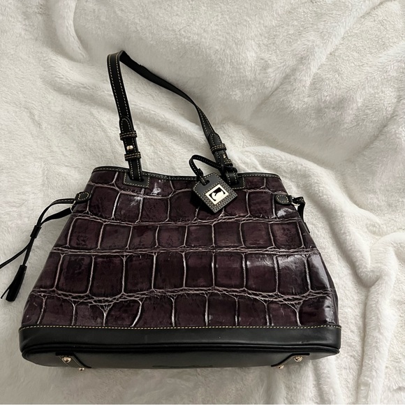 Dooney and Bourke Croco Purple Embossed Double Strapped Tassel Bag - Picture 6 of 13